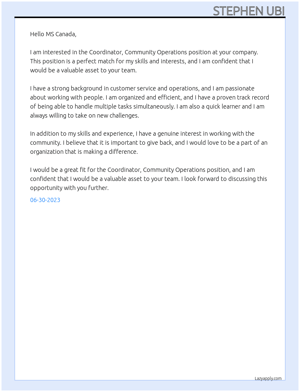 Coordinator, Community Operations At Stephen Ubi Cover Letter