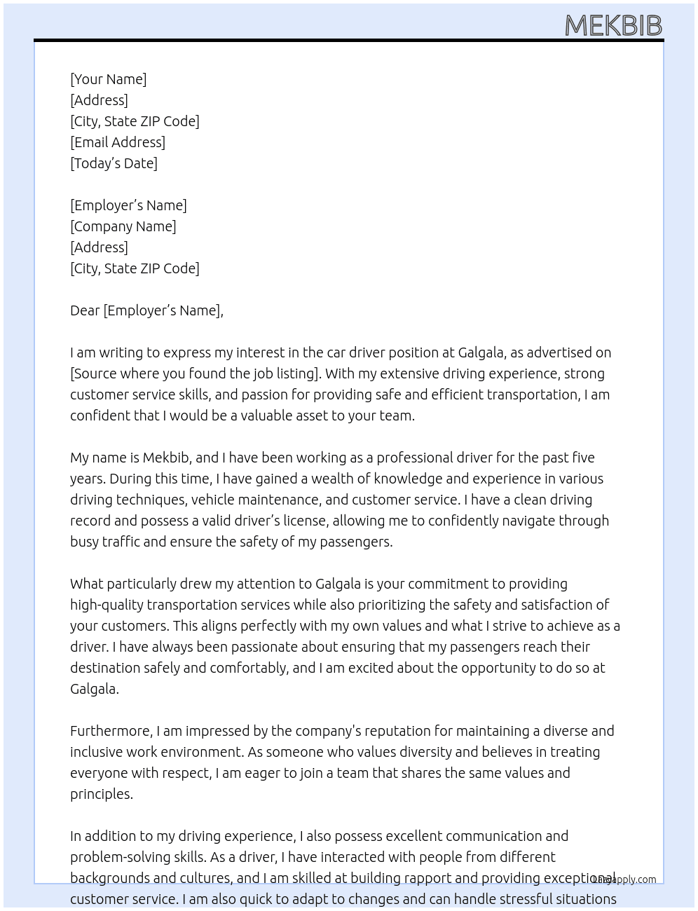 car driver At Galgala Cover Letter