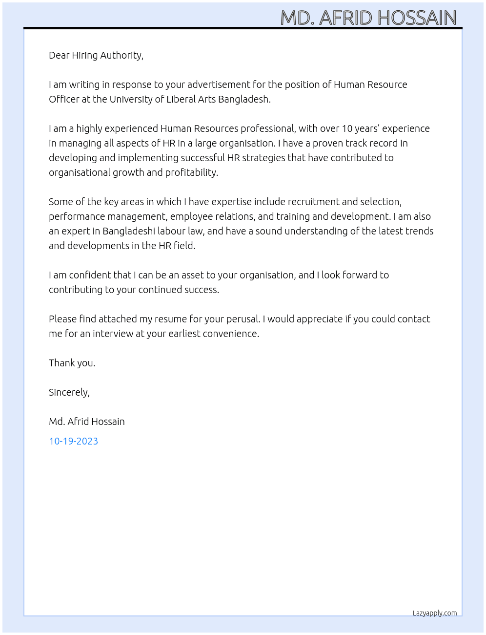Human Resource Officer At University of Liberal Arts Bangladesh  Cover Letter