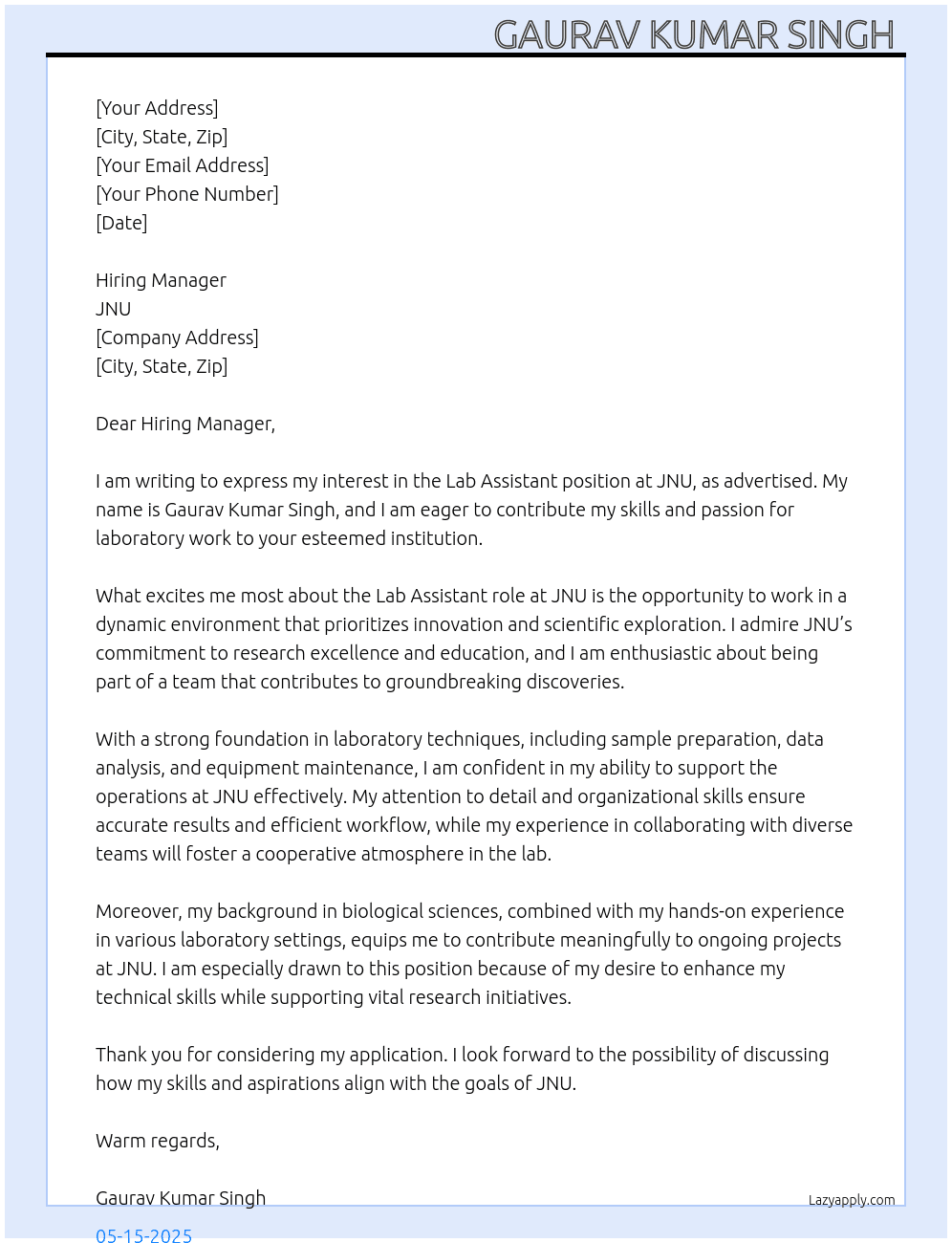 Lab assistant  At JNU Cover Letter