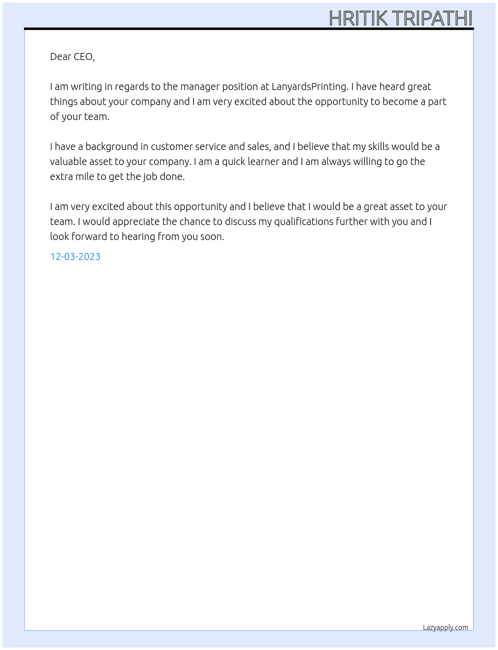 manager At LanyardsPrinting Cover Letter