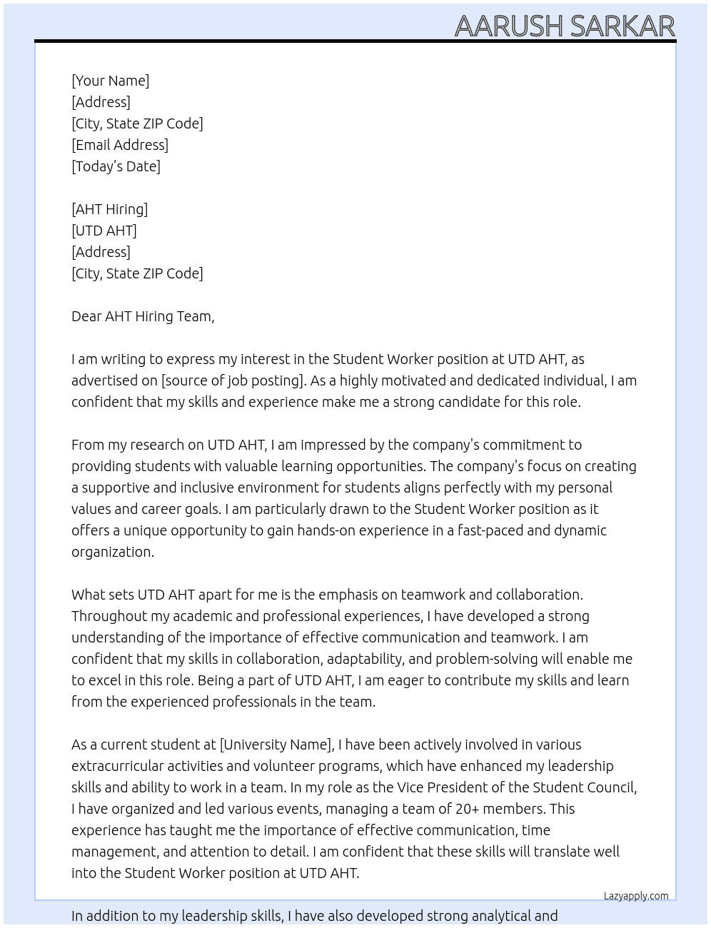 Student Worker At UTD AHT Cover Letter