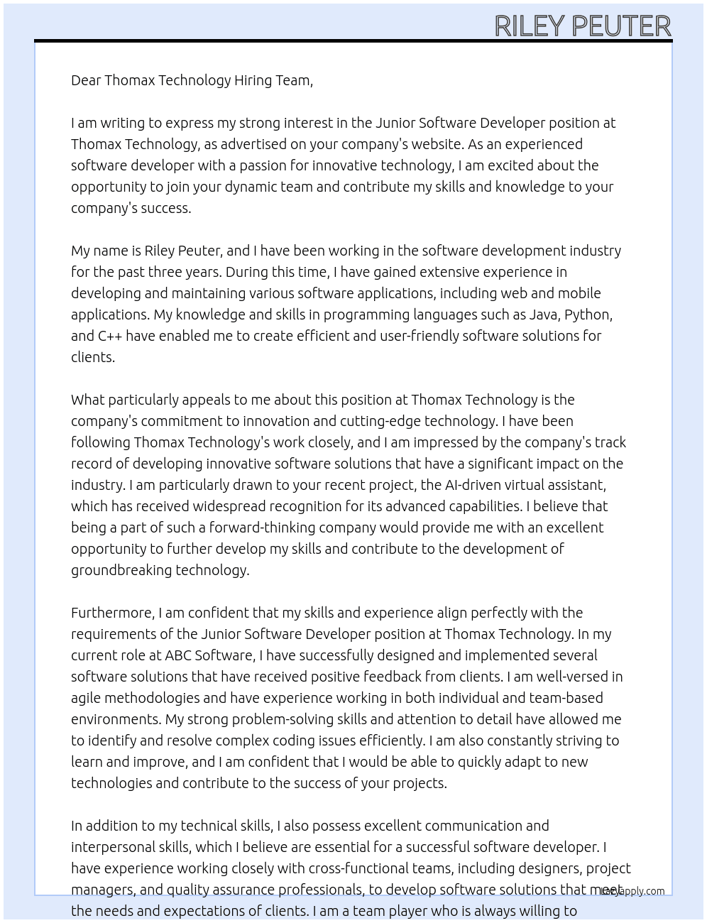 Junior Software Developer At Thomax Technology Cover Letter