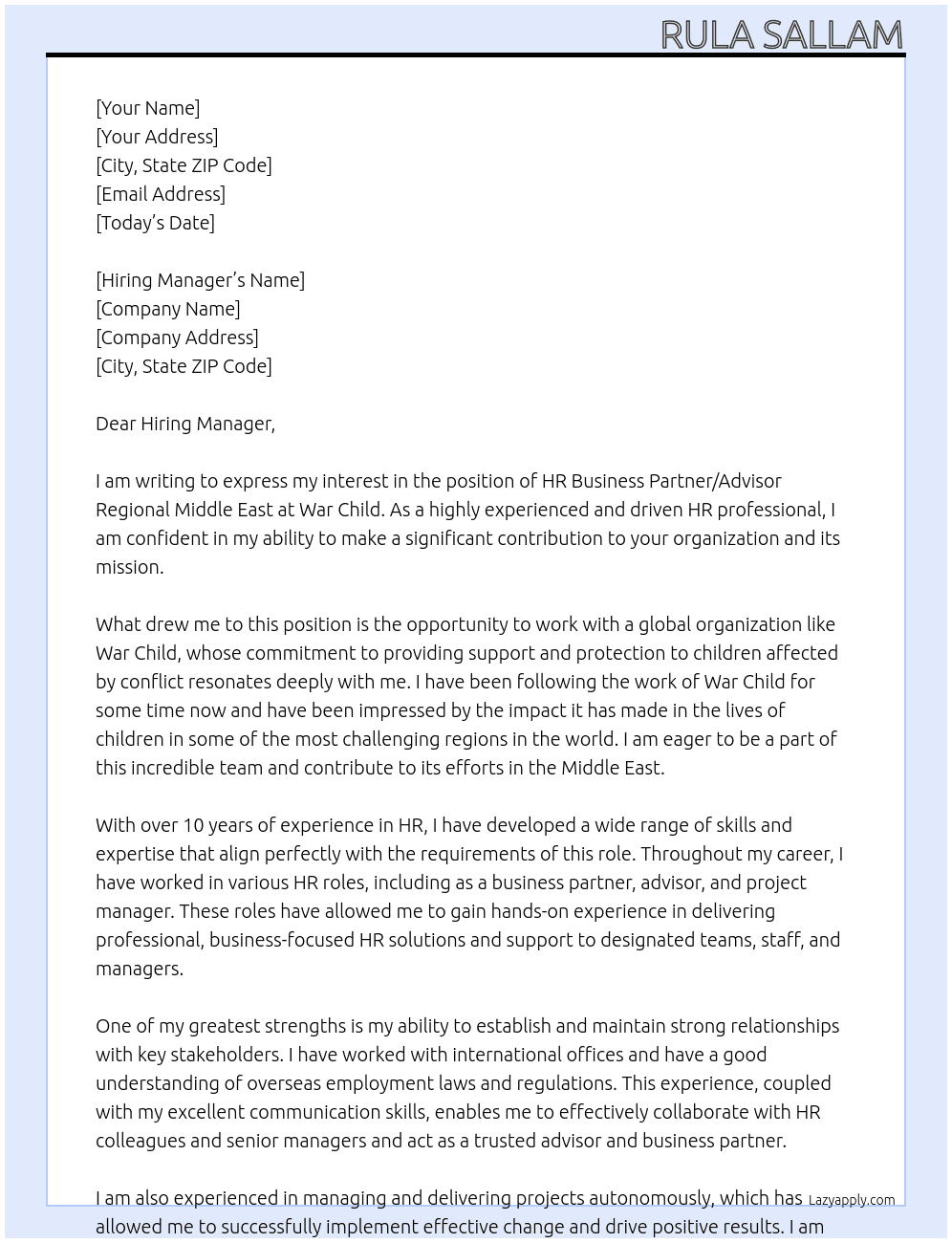 HR Business Partner/Advisor Regional Middle East  At War Child Cover Letter