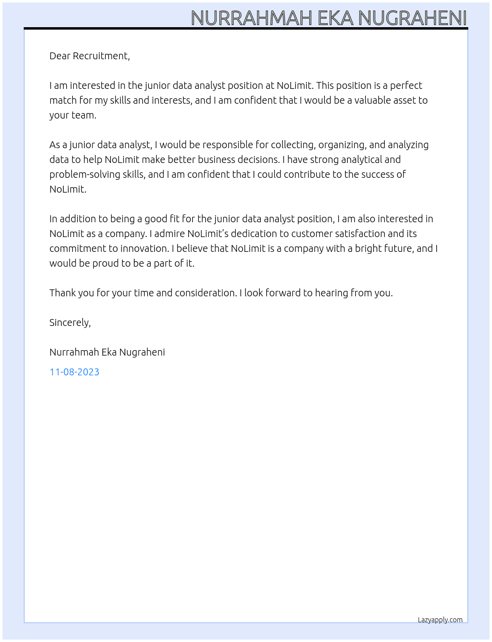 junior data analyst At NoLimit Cover Letter