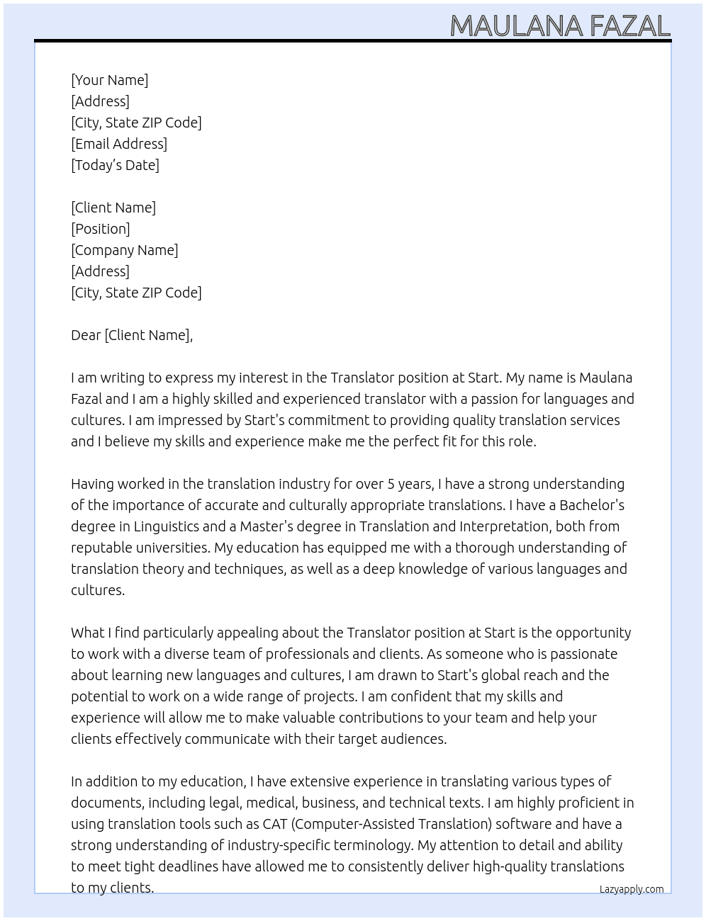 Translator At Start Cover Letter
