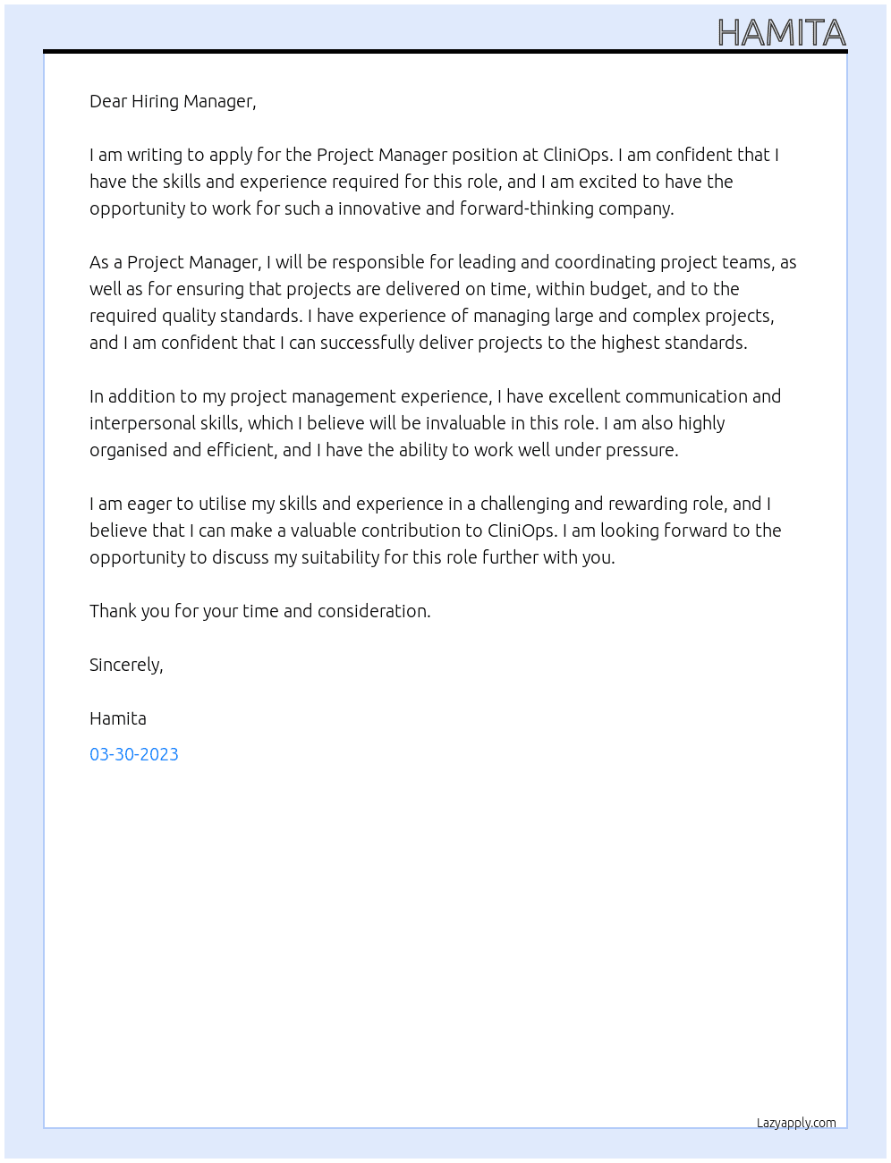 Project Manager At CliniOps Cover Letter