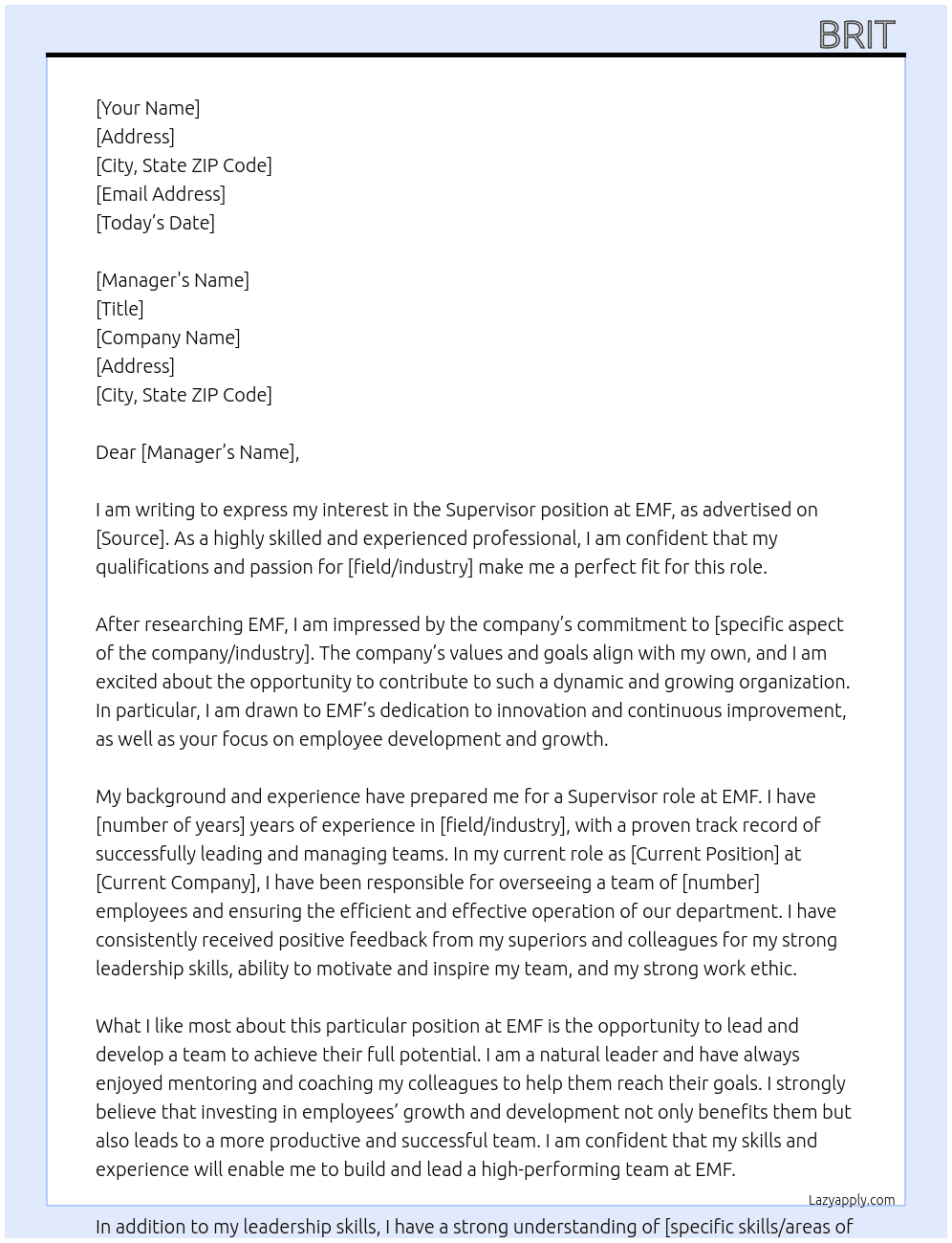 Supervisor  At EMF  Cover Letter