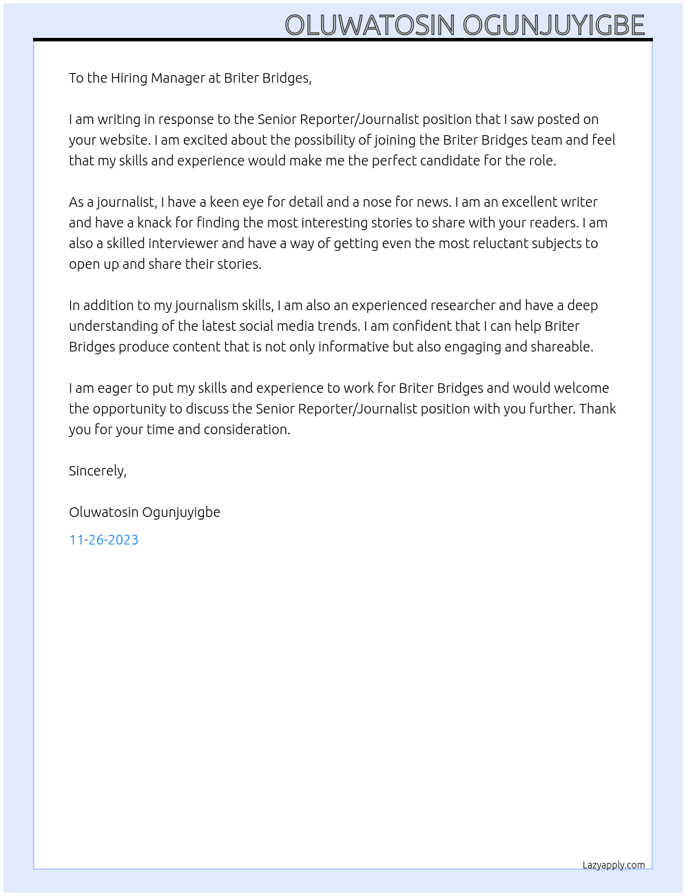 Senior Reporter/Journalist At Briter Bridges Cover Letter