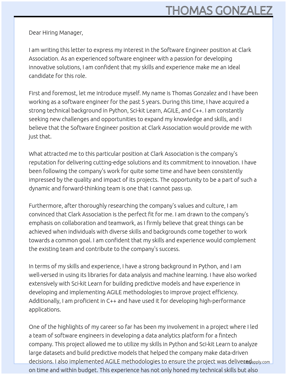 Software Engineer At Clark Association Cover Letter