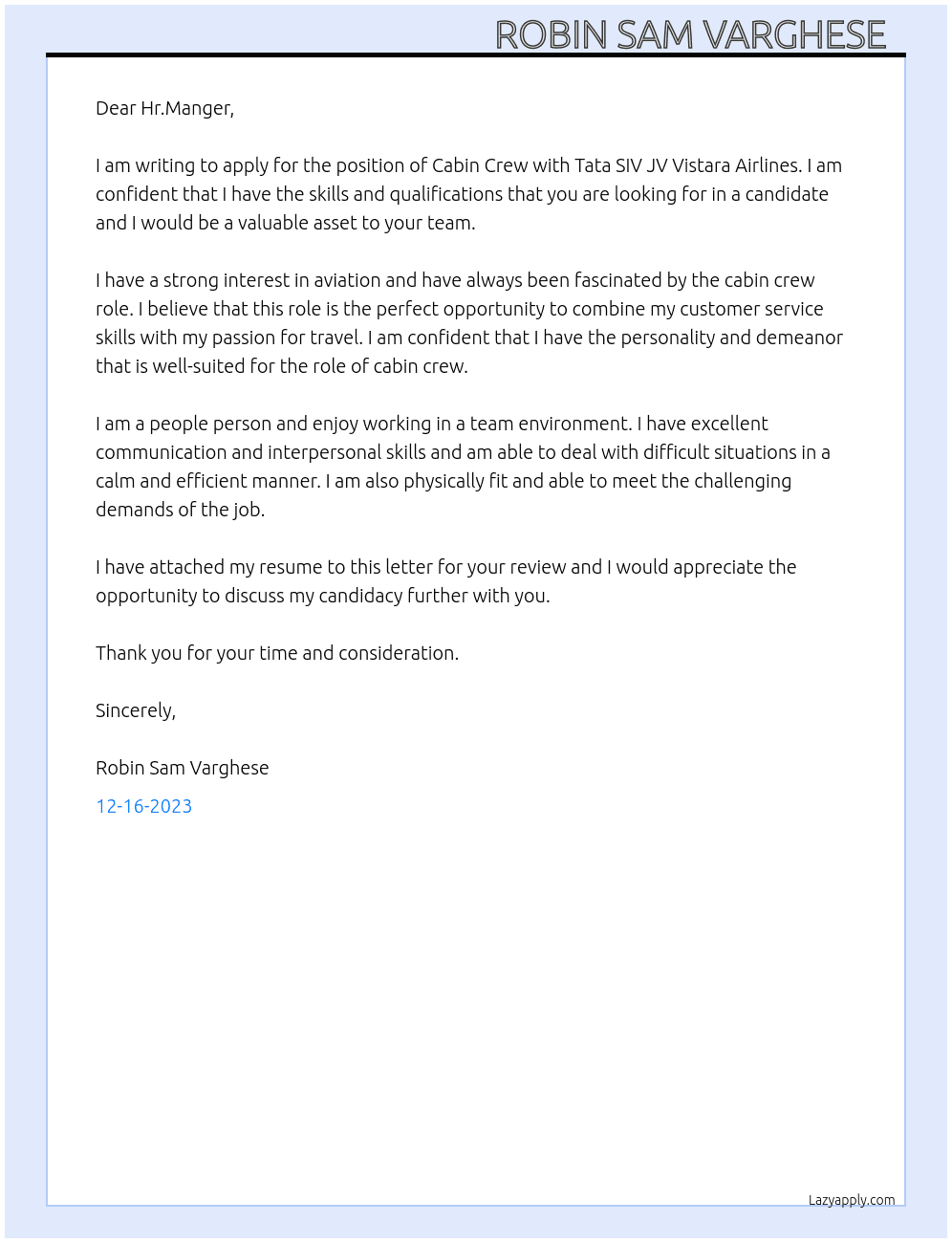 Cabin Crew At Tata SIV JV Vistara Airlines Cover Letter