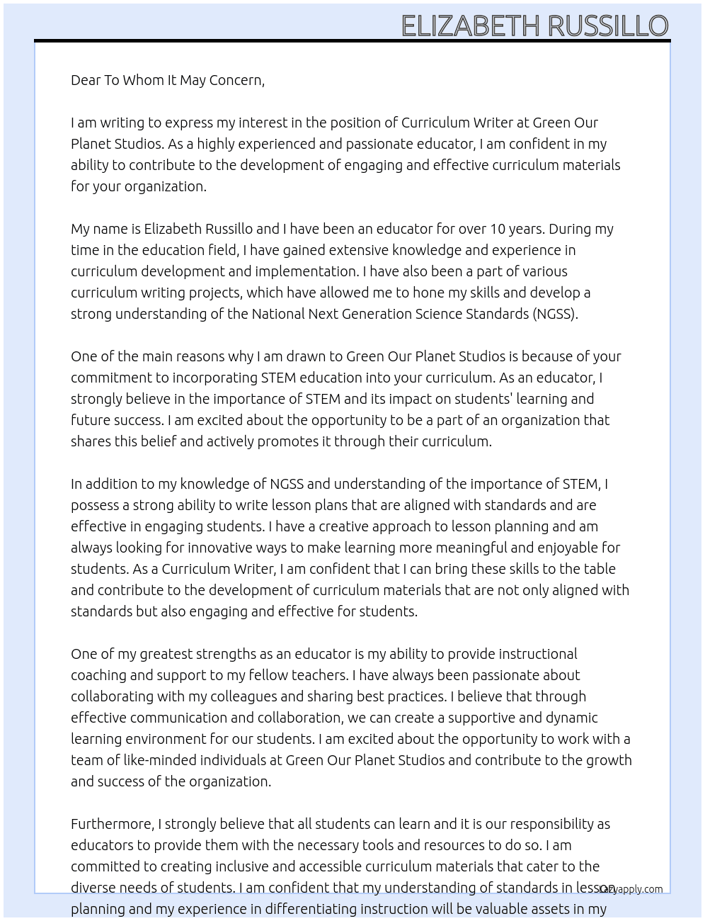 Curriculum Writer At Green Our Planet Studios Cover Letter