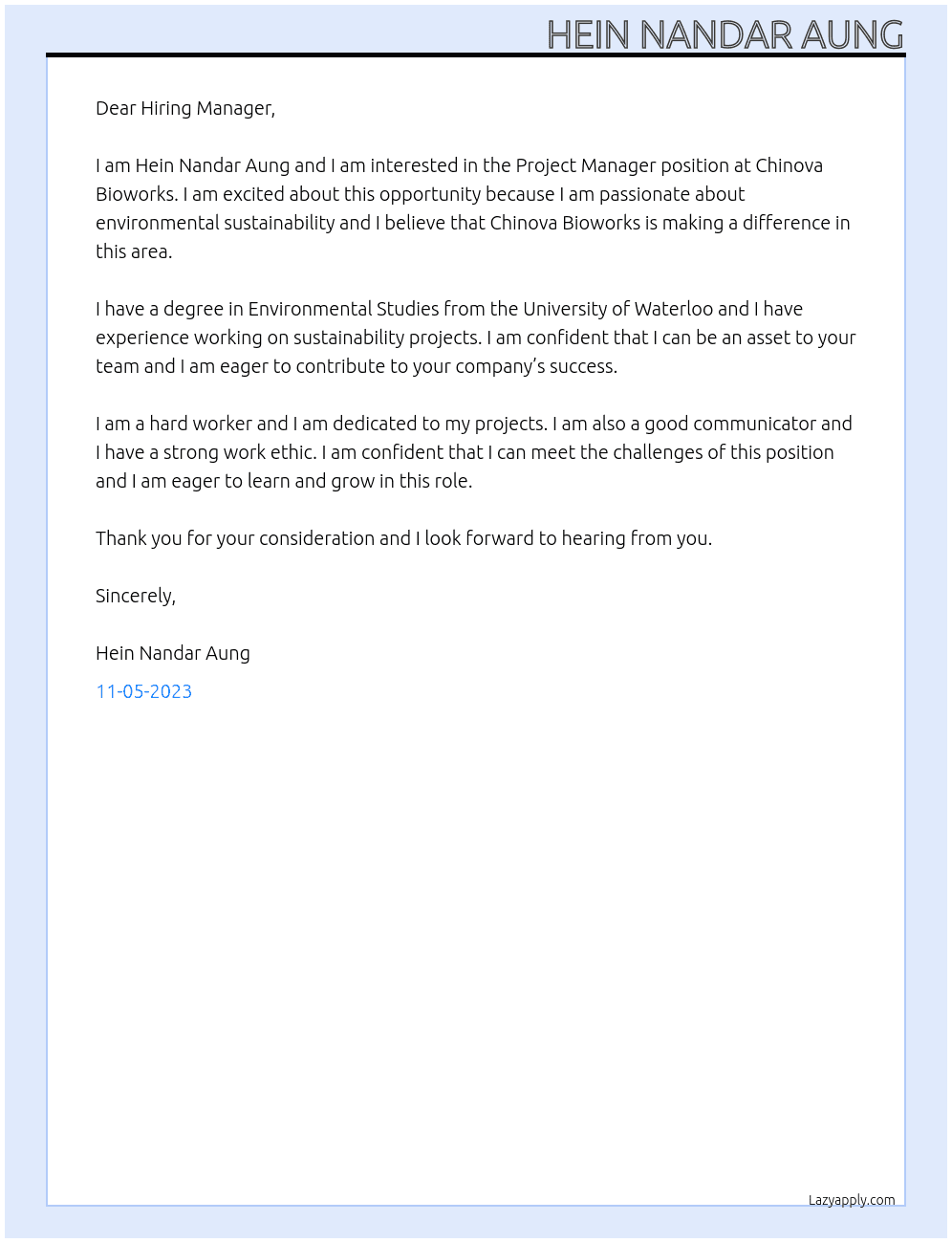 Project Manager At Chinova Bioworks Cover Letter