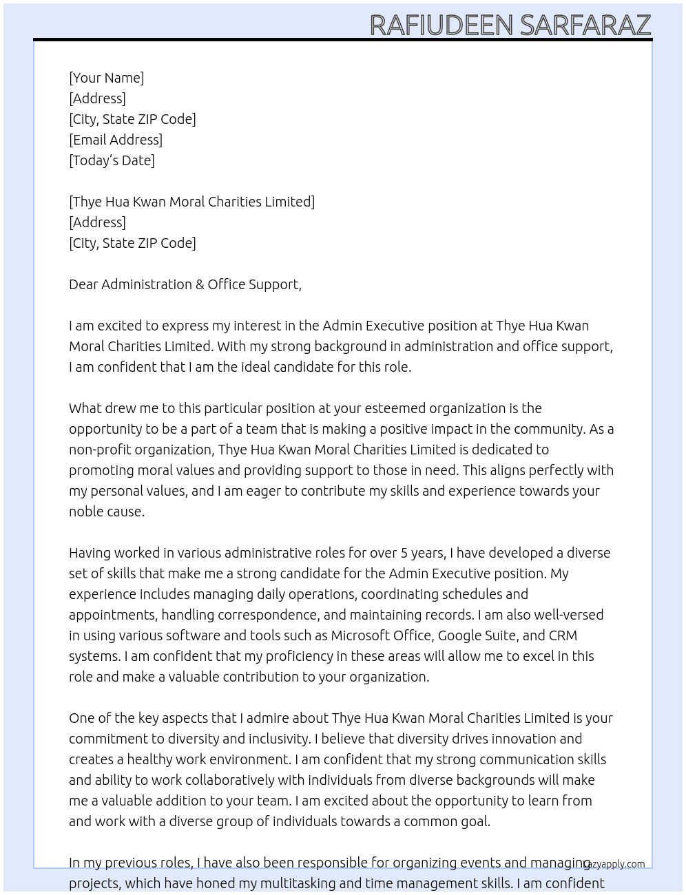 Admin Executive At THYE HUA KWAN MORAL CHARITIES LIMITED Cover Letter