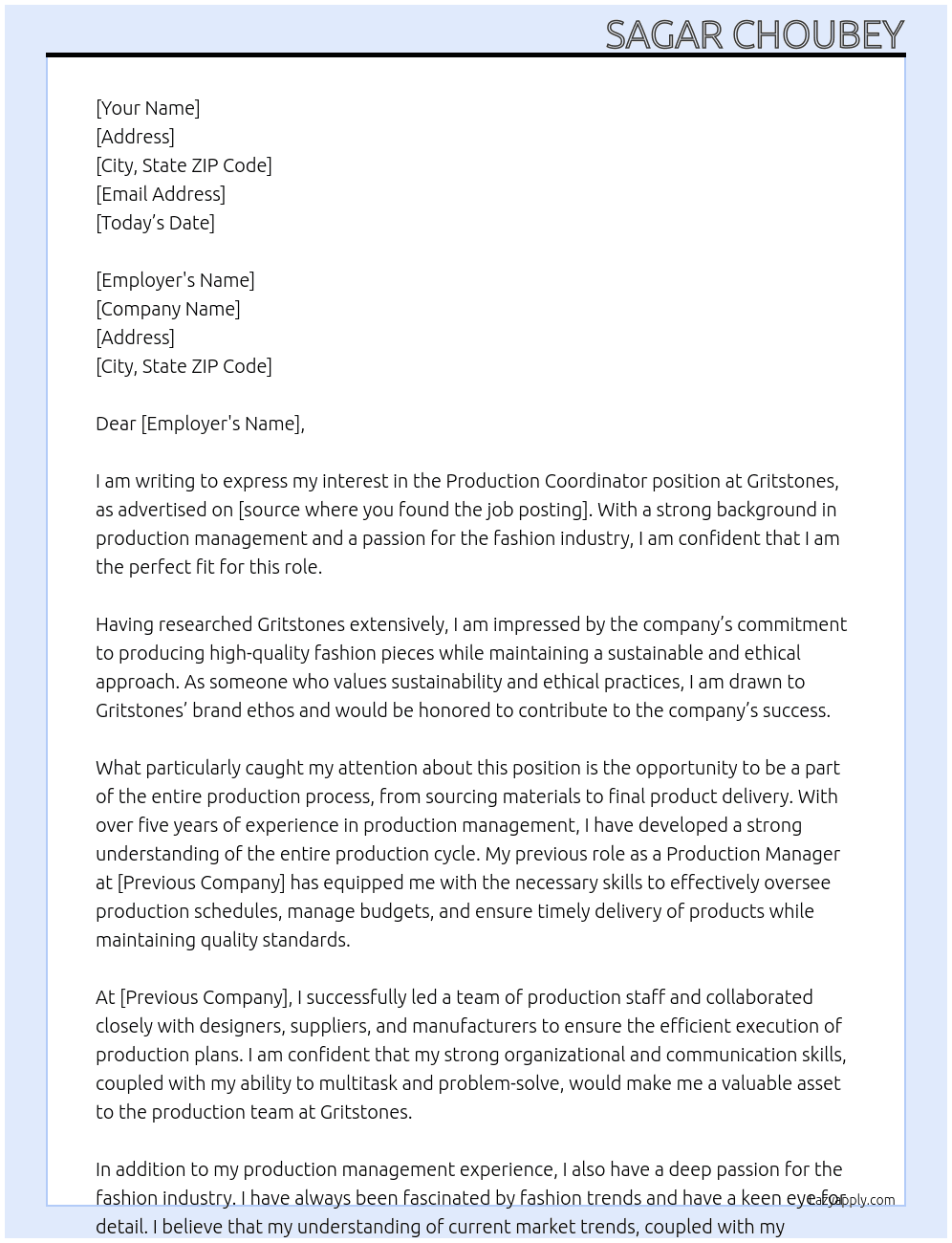 Production coordinator  At Gritstones  Cover Letter