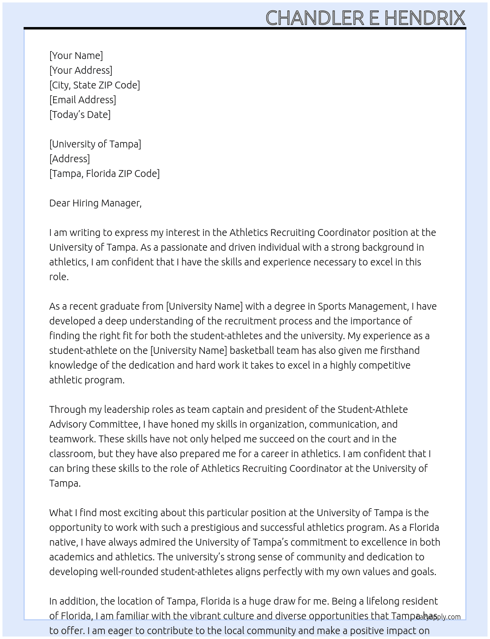 Athletics Recruiting Coordinator At University of Tampa Cover Letter