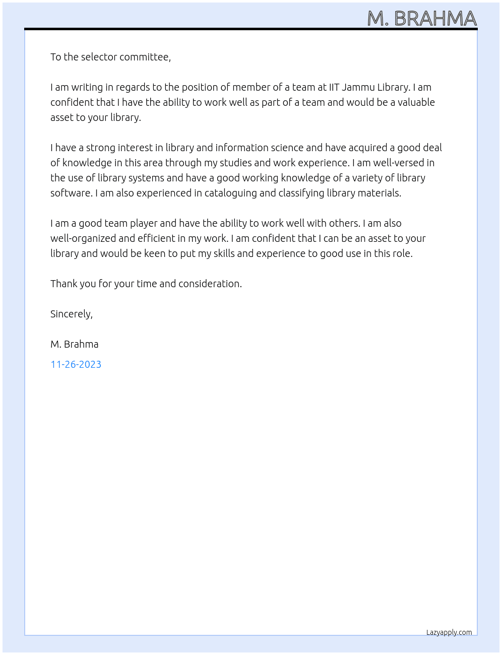 Describe your ability to work as member of a team At IIT Jammu Library Cover Letter