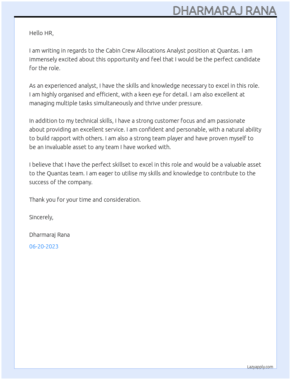 Cabin Crew Allocations Analyst At Quantas  Cover Letter