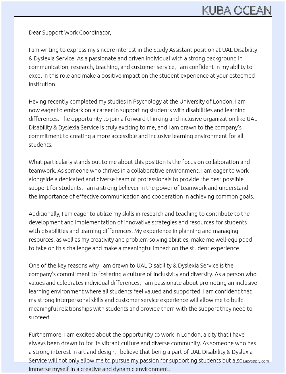 Cover letter for study assistant - LazyApply