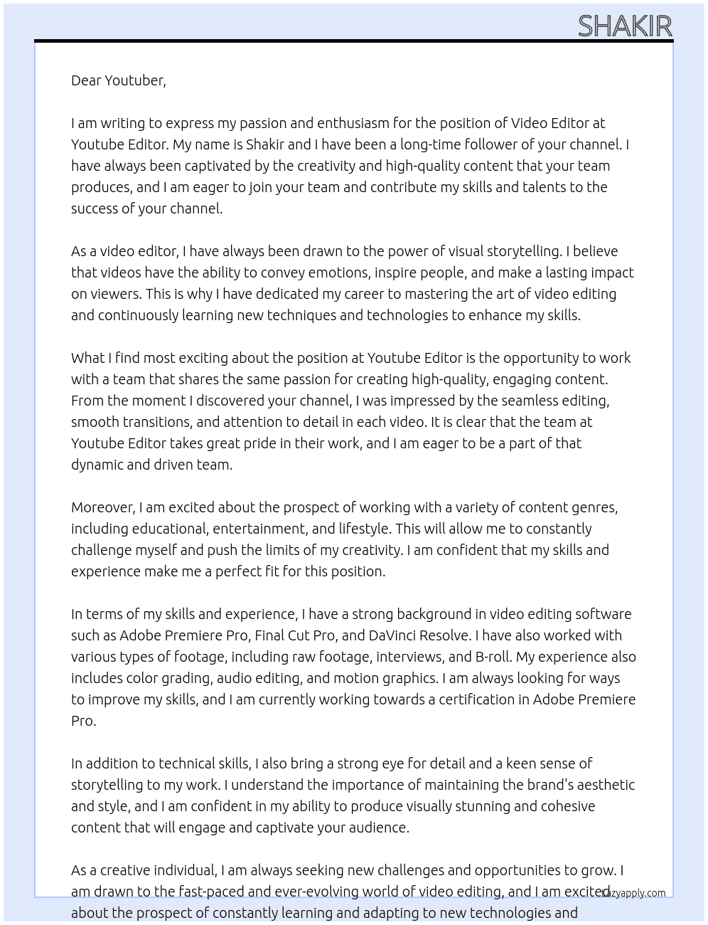 video editor  At youtube editor Cover Letter