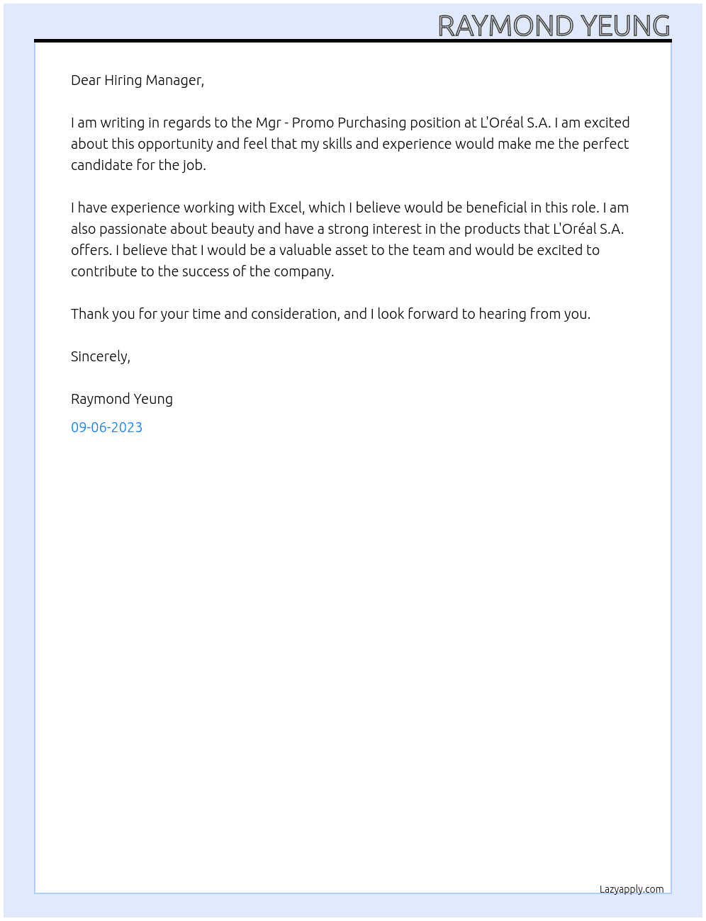 Mgr - Promo Purchasing At L'Oréal S.A. Cover Letter