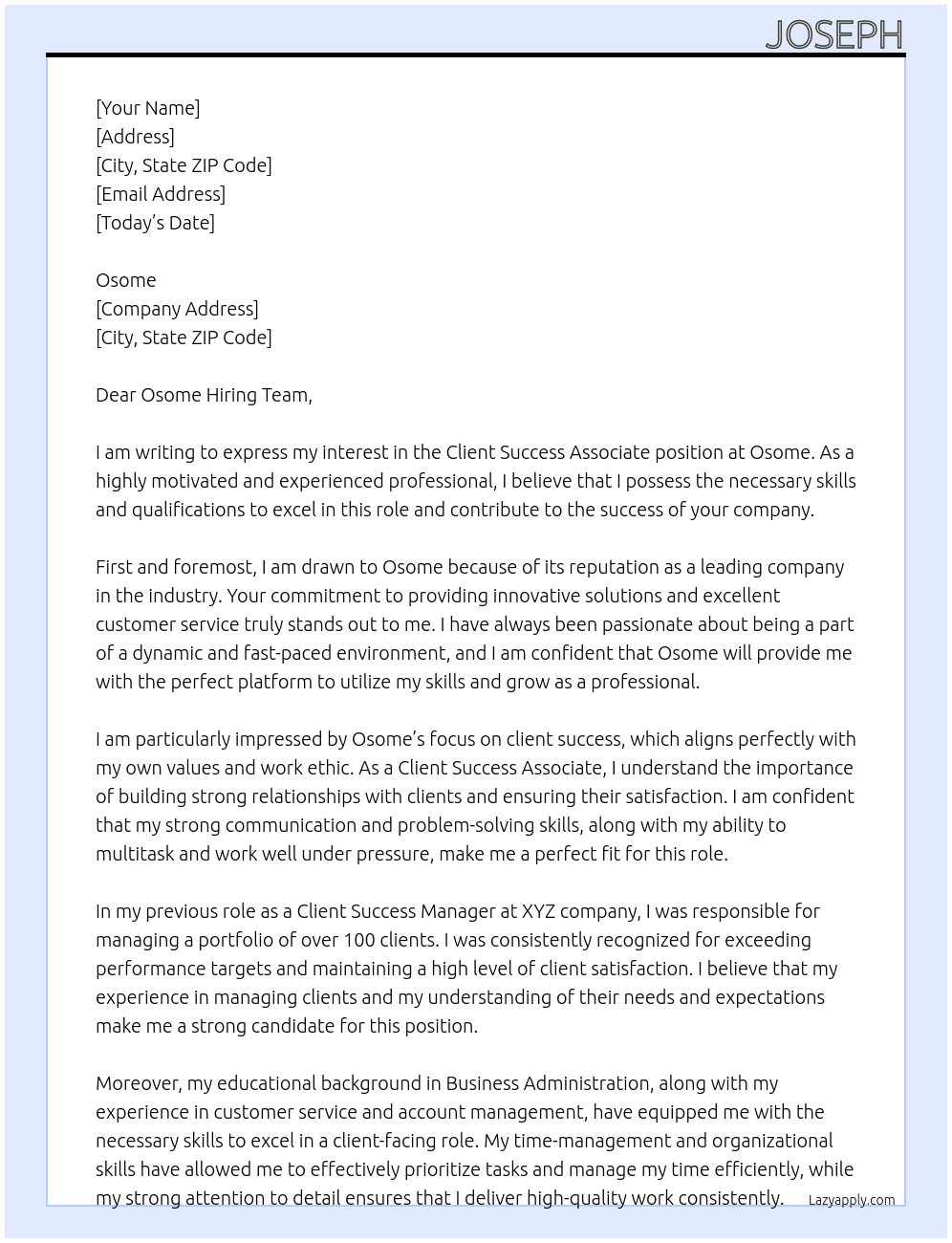 Client Success Associate At OSOME Cover Letter