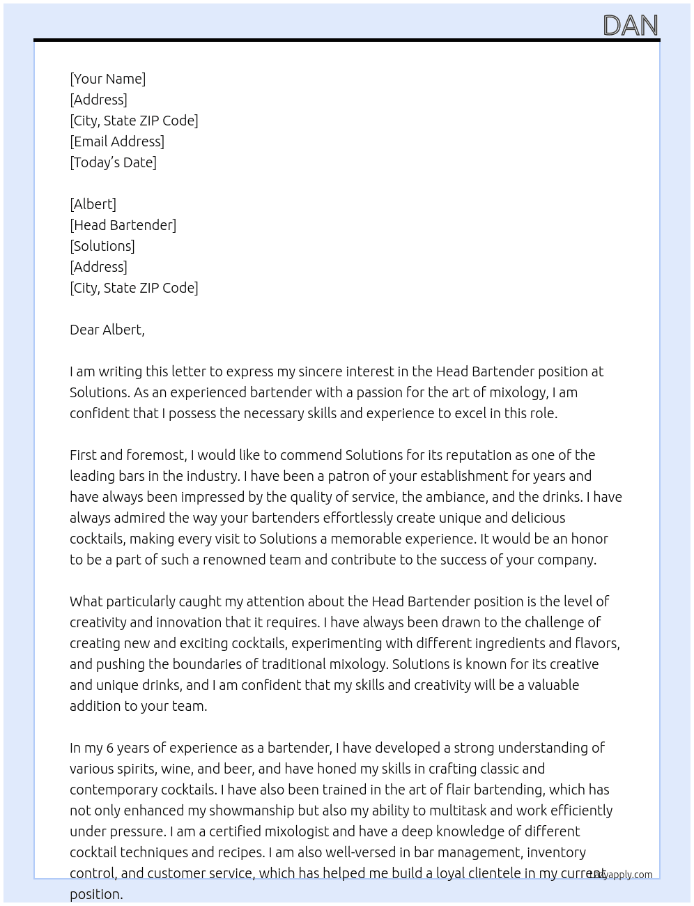 Head bartender At Solutions Cover Letter