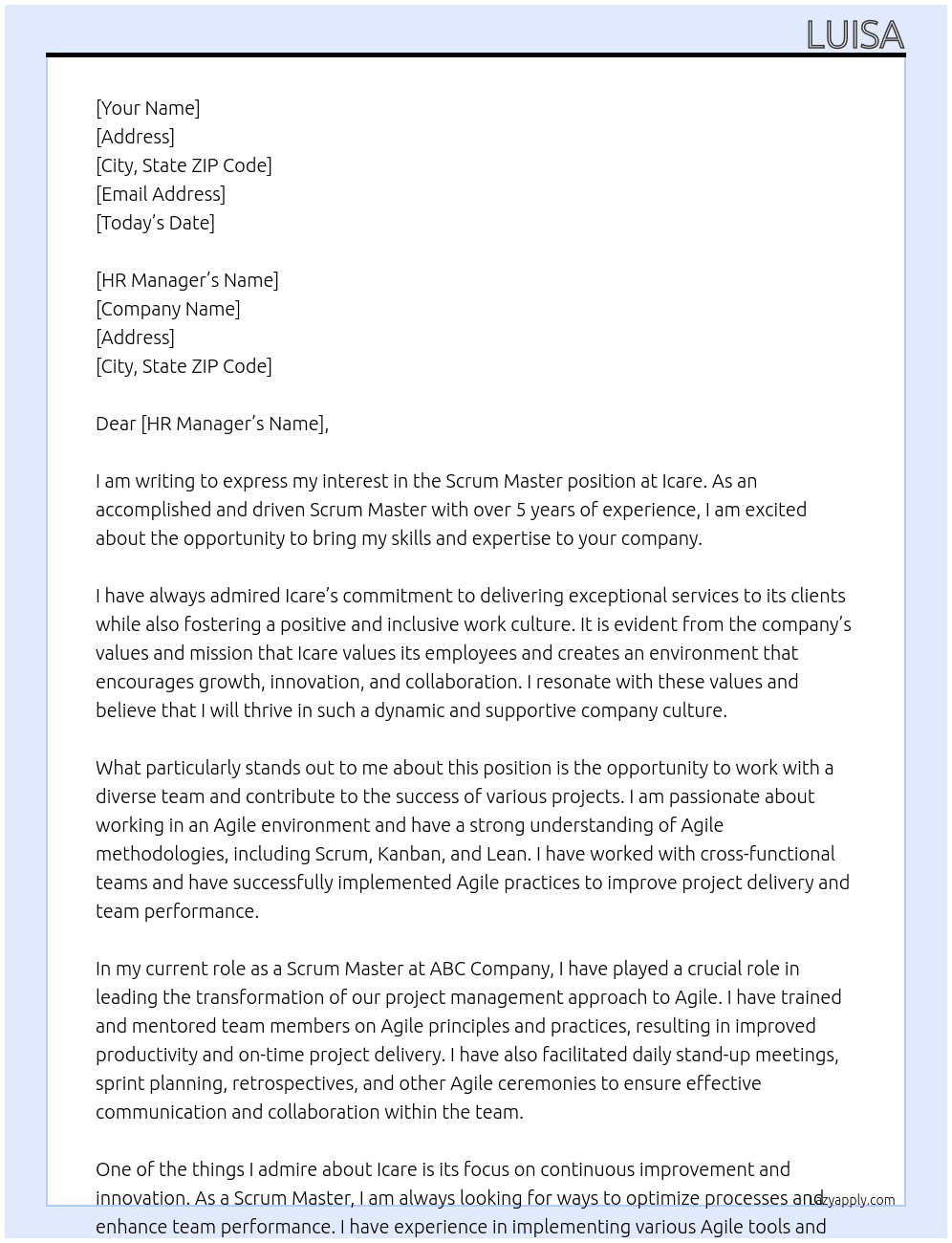 Scrum master At Icare Cover Letter