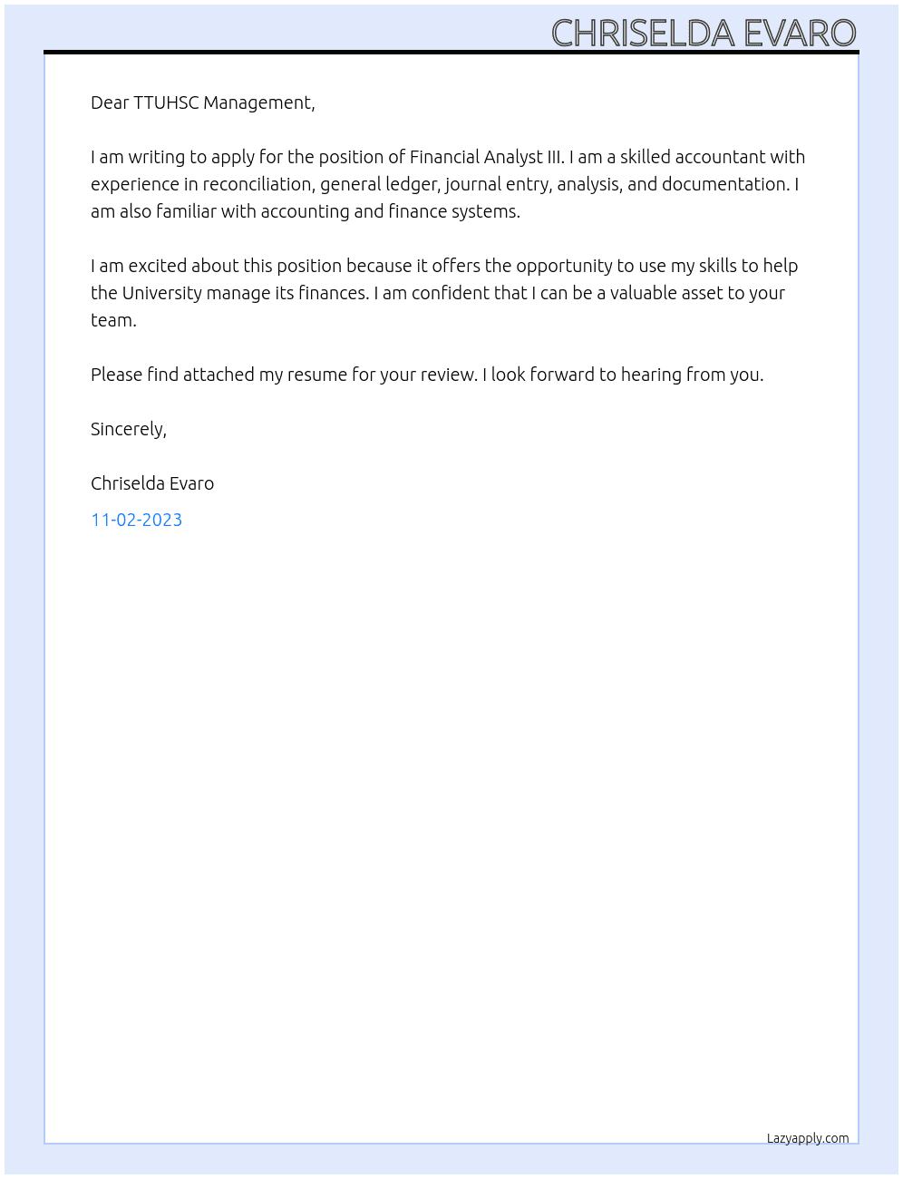 Financial Analyst III At Texas Tech University Health Sciences Center Cover Letter