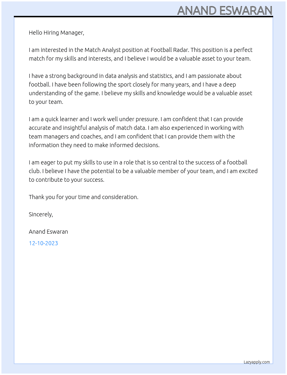 Match AnALYST At Football Radar Cover Letter