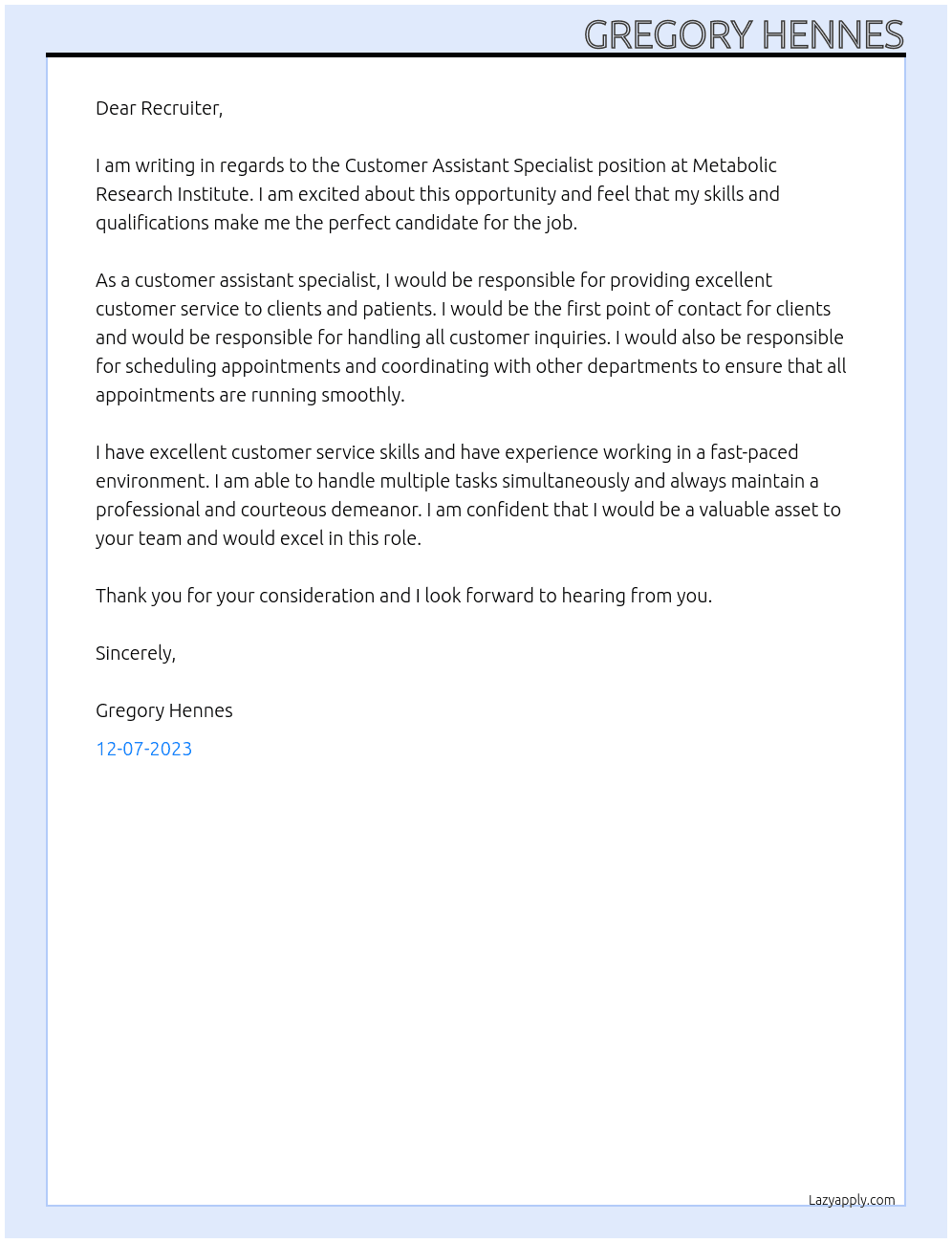 Customer Assistant Specialist At Metabolic Research Institute Cover Letter