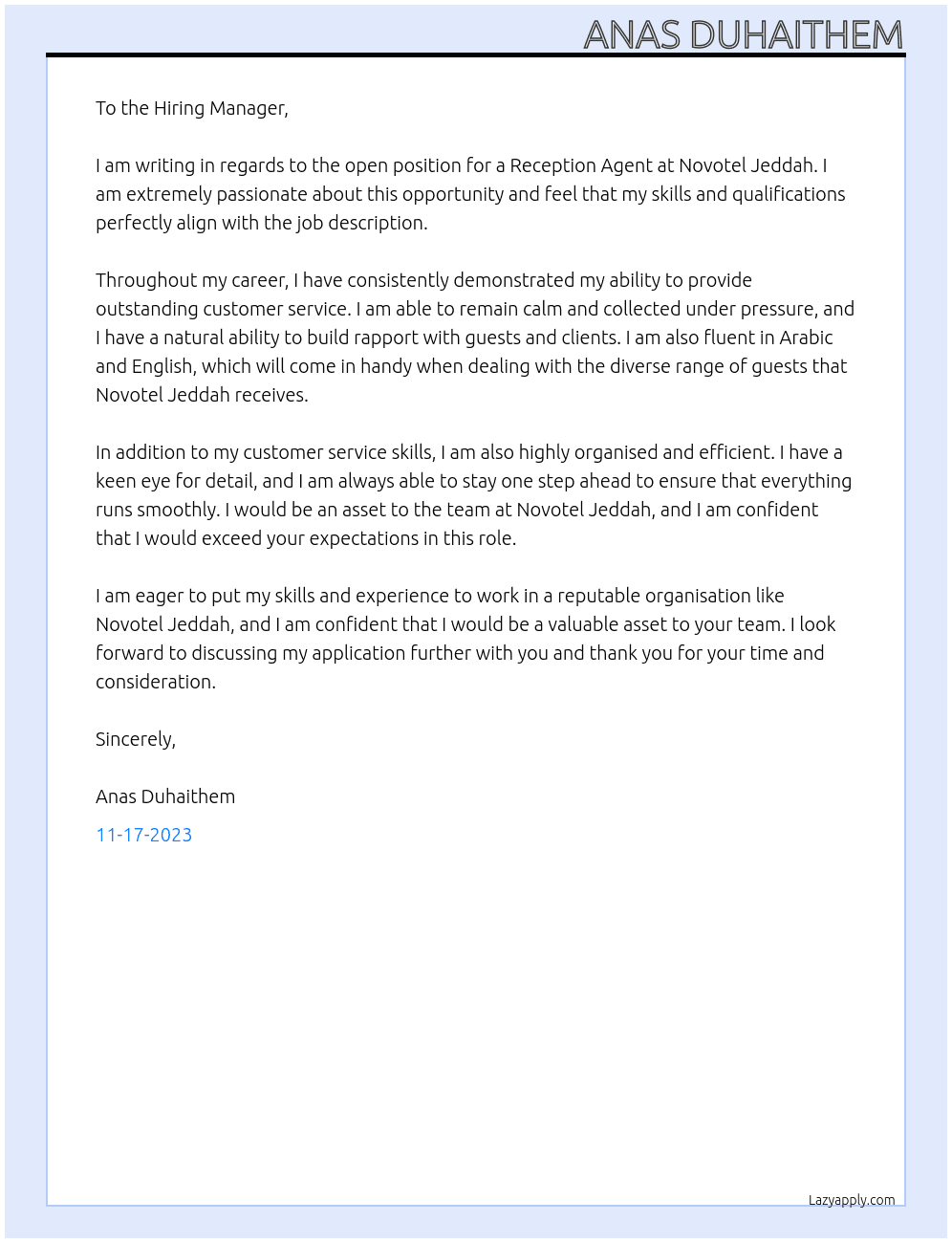 Reception Agent At Novotel Jeddah Cover Letter