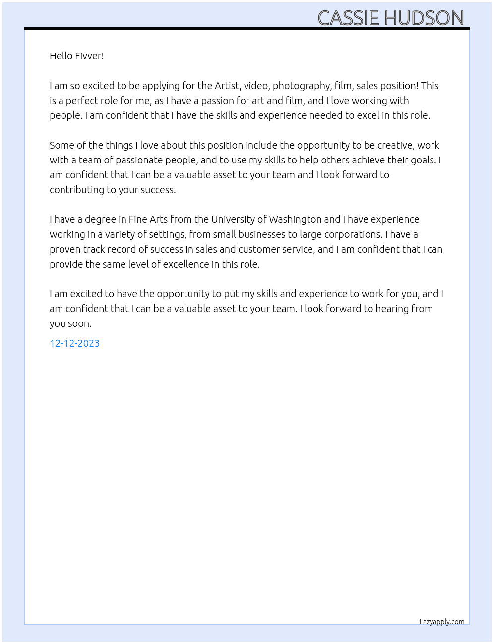 Artist ,video ,photography,film ,sales At Fivver Cover Letter