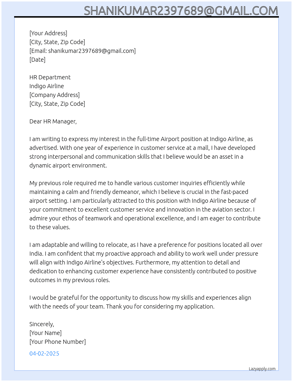 Airport  At Indigo Airline Cover Letter