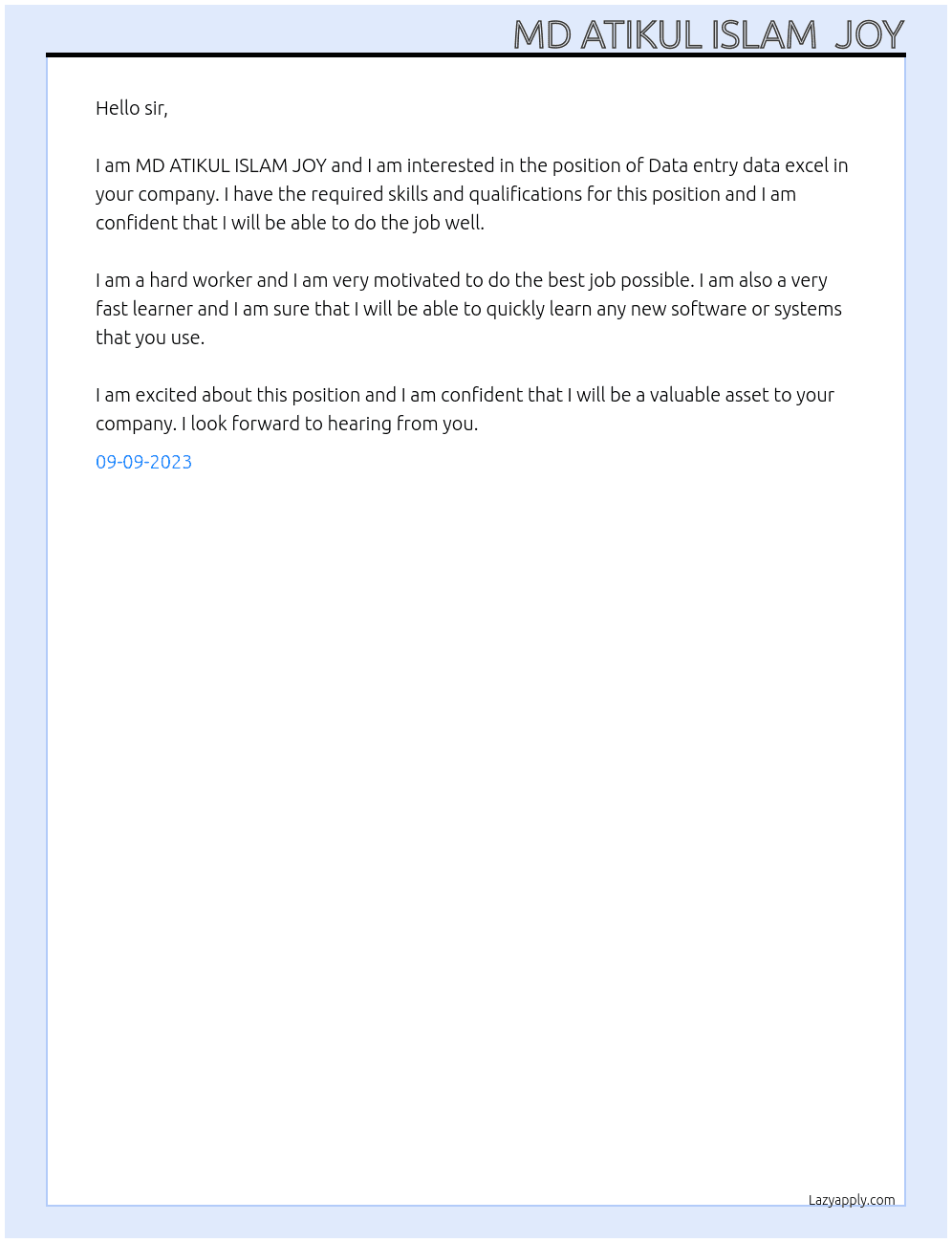 Data entry data excel  At Atik development  Cover Letter