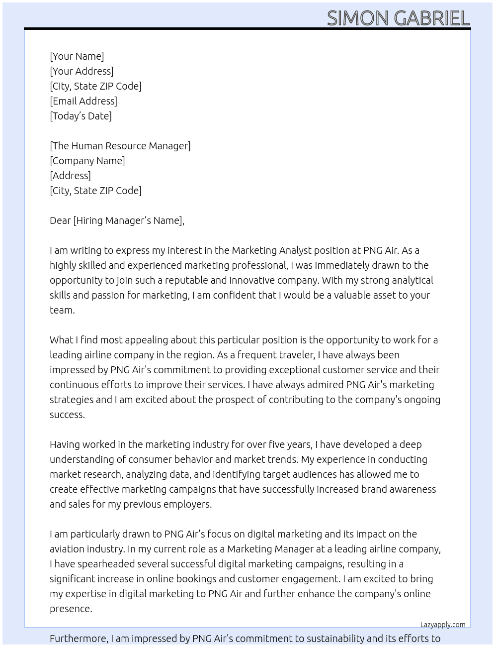 Marketing Analyst At PNG Air Cover Letter