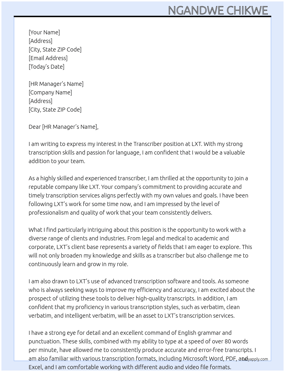 Transcriber  At LXT Cover Letter