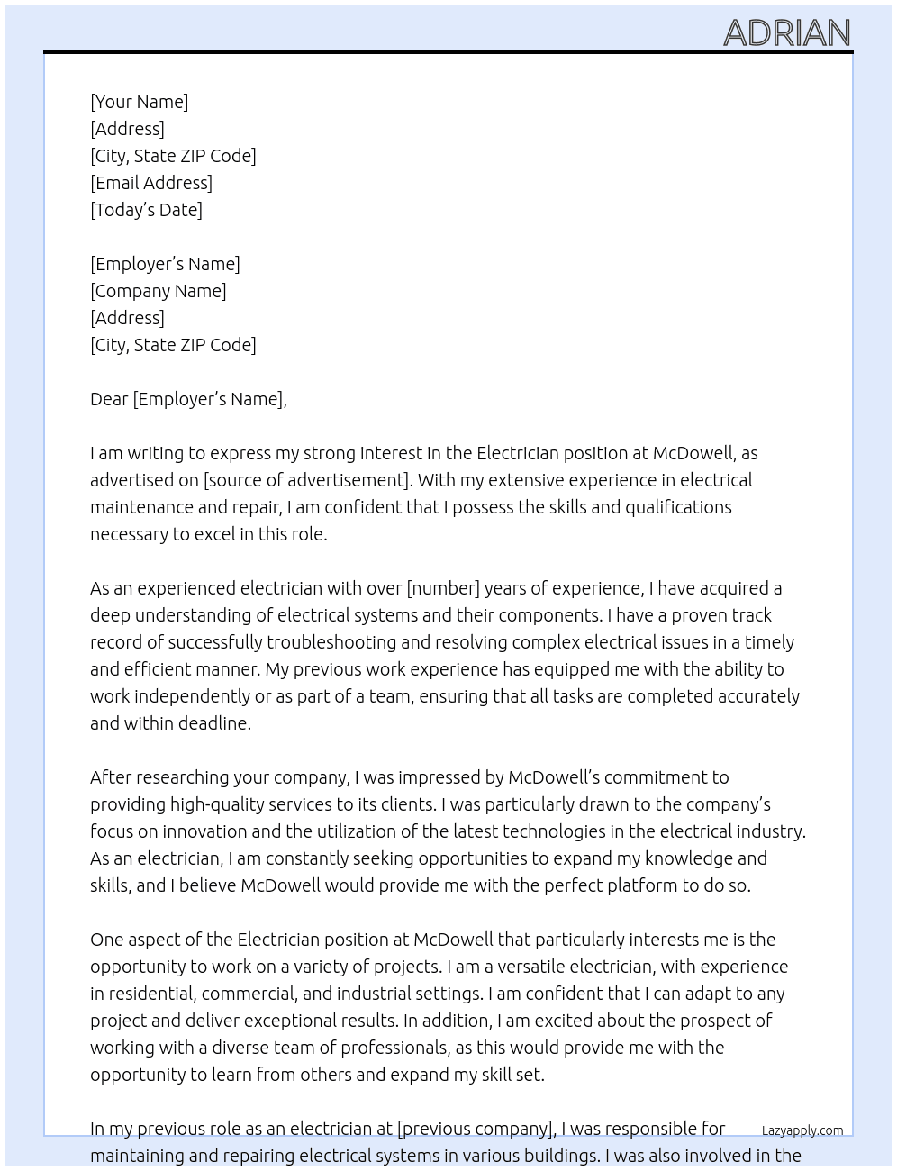 Electrician At McDowell Cover Letter