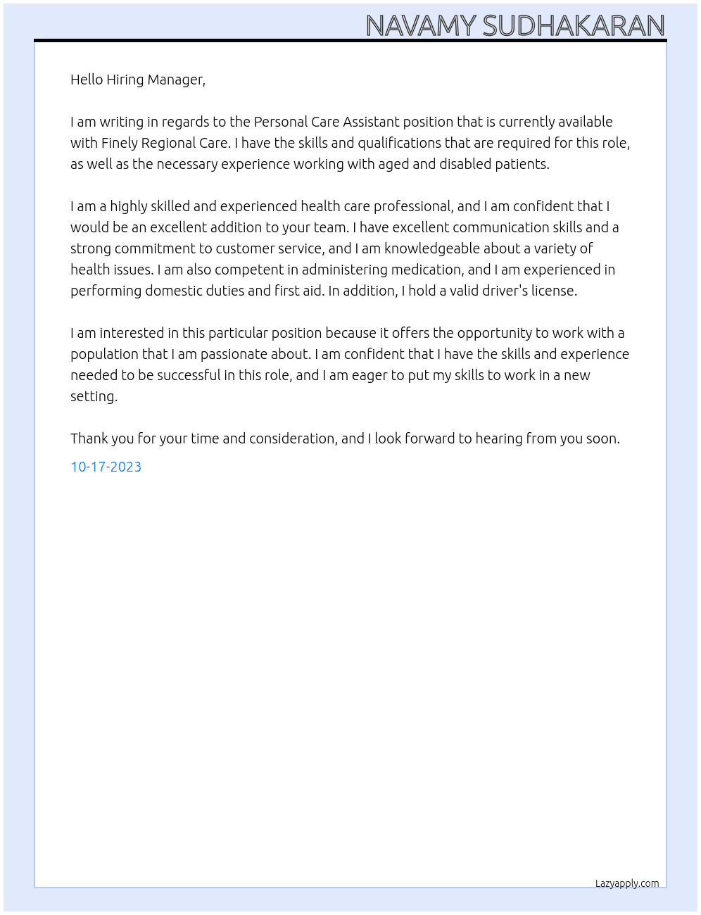 Personal care assistant At Finely regional care Cover Letter