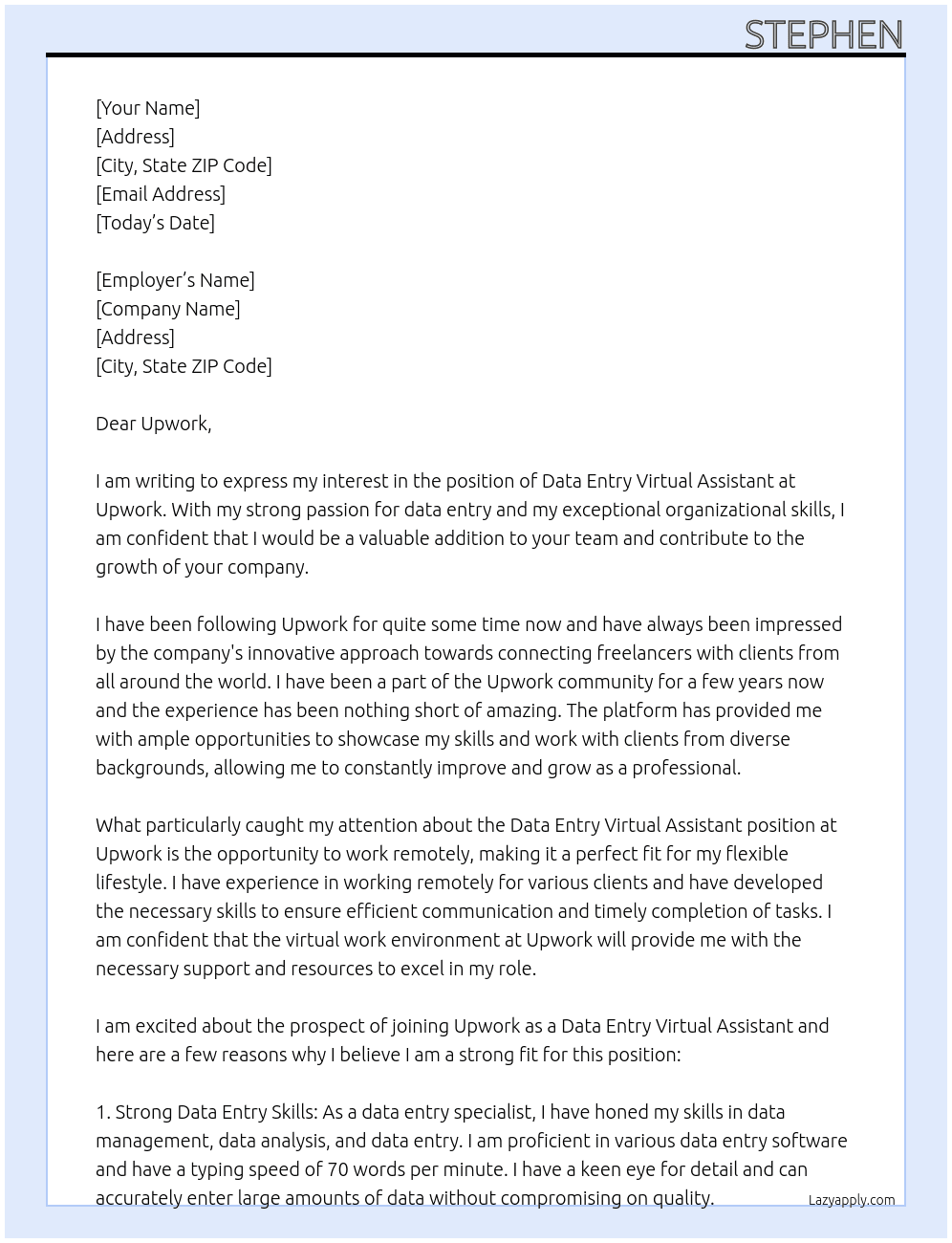 Data Entry virtual assistant At upwork Cover Letter