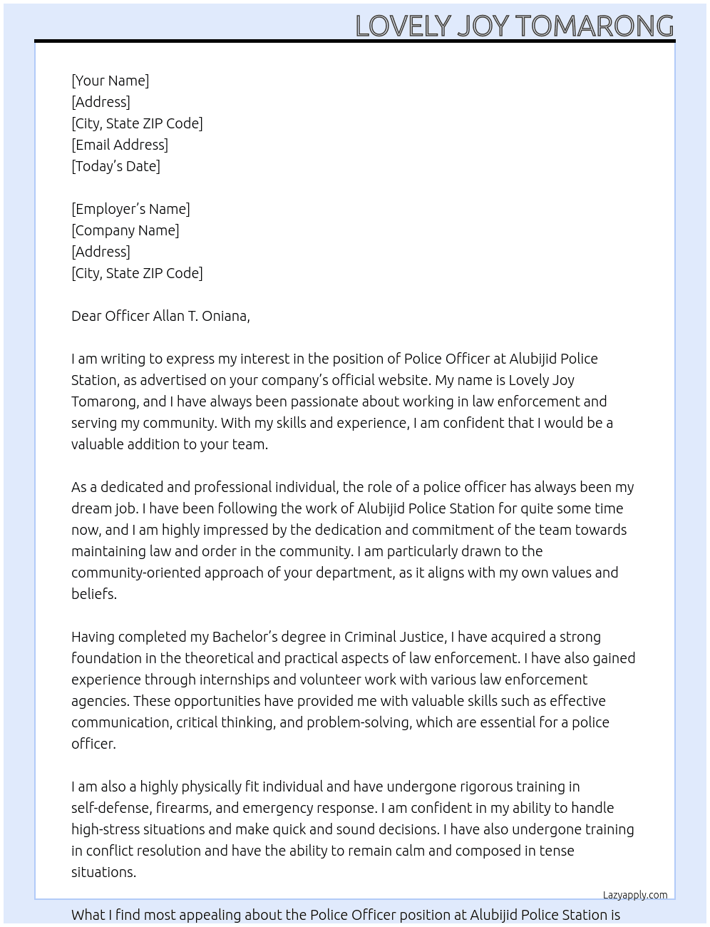 Police officer At Alubijid Police Station Cover Letter