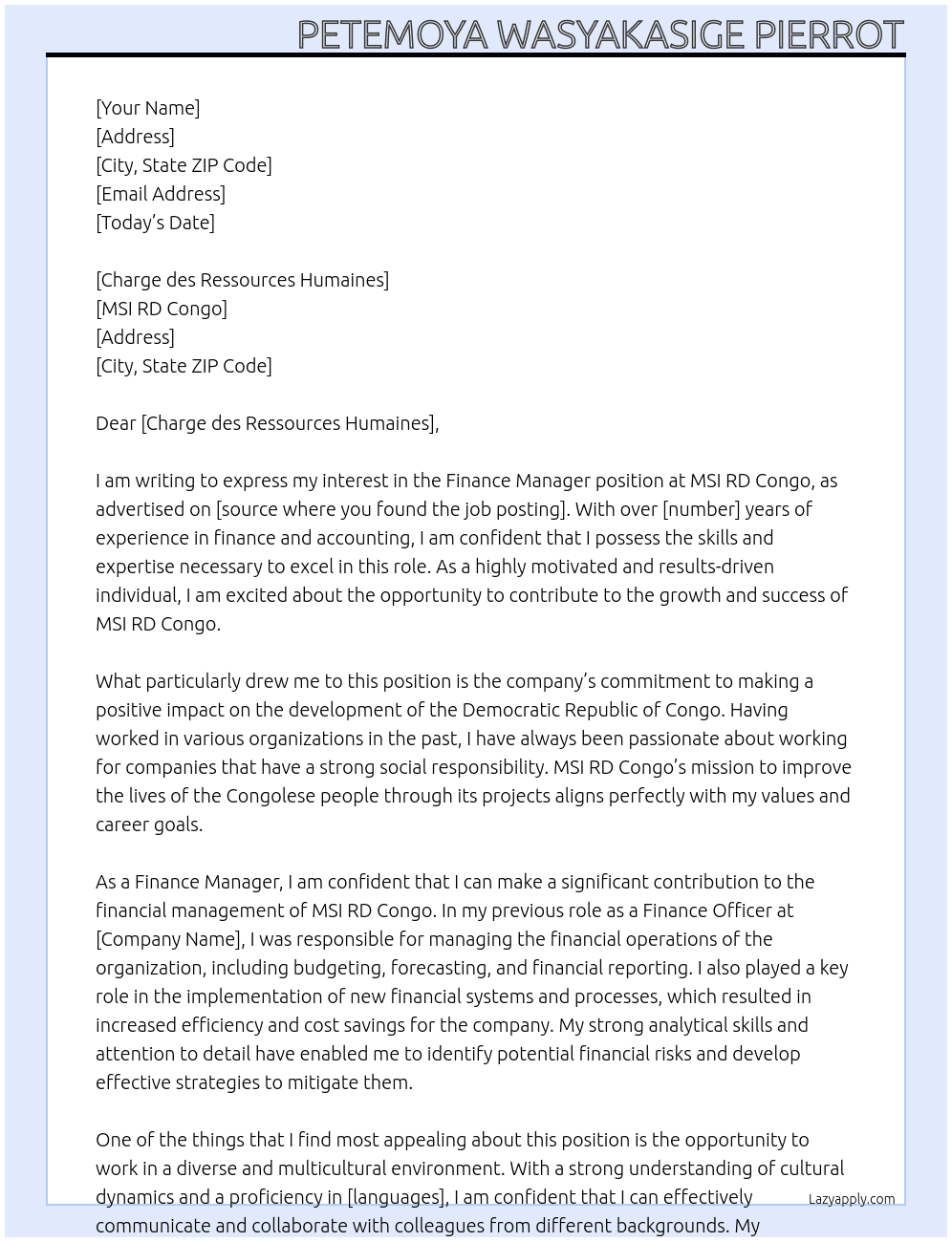 FINANCE MANAGER At MSI RD CONGO Cover Letter