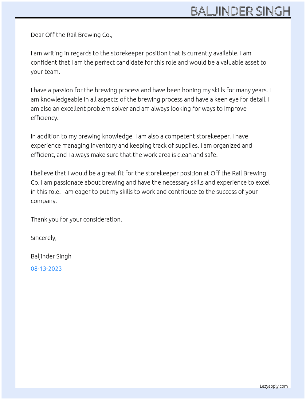Storekeeper  At OFF THE RAIL BREWING CO Cover Letter