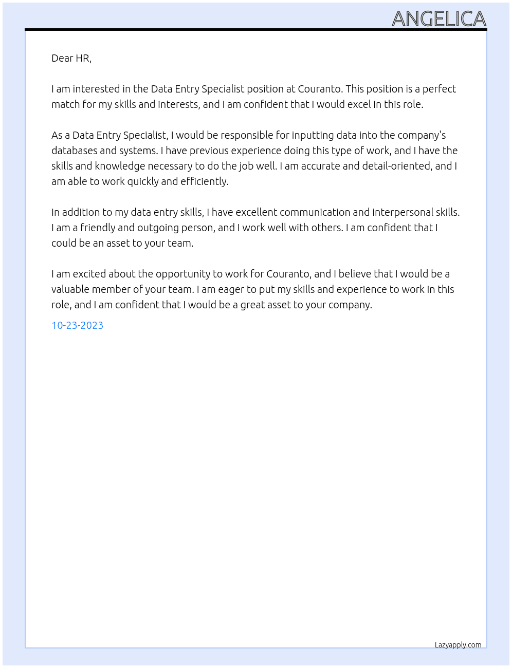 Data Entry Specialist At Couranto Cover Letter