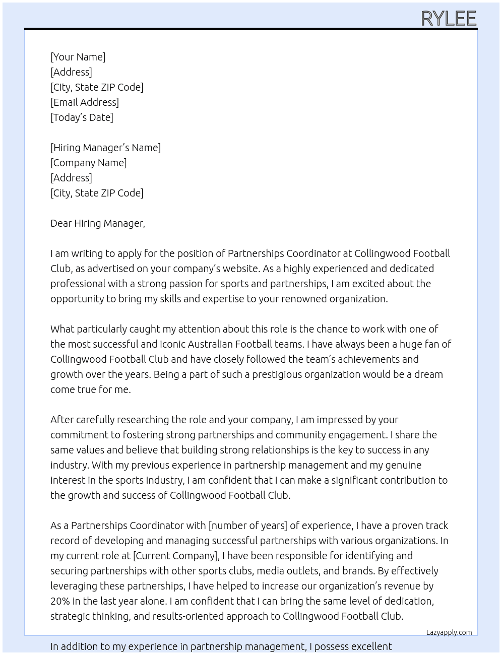 Partnerships Coordinator At Collingwood Football Club Cover Letter