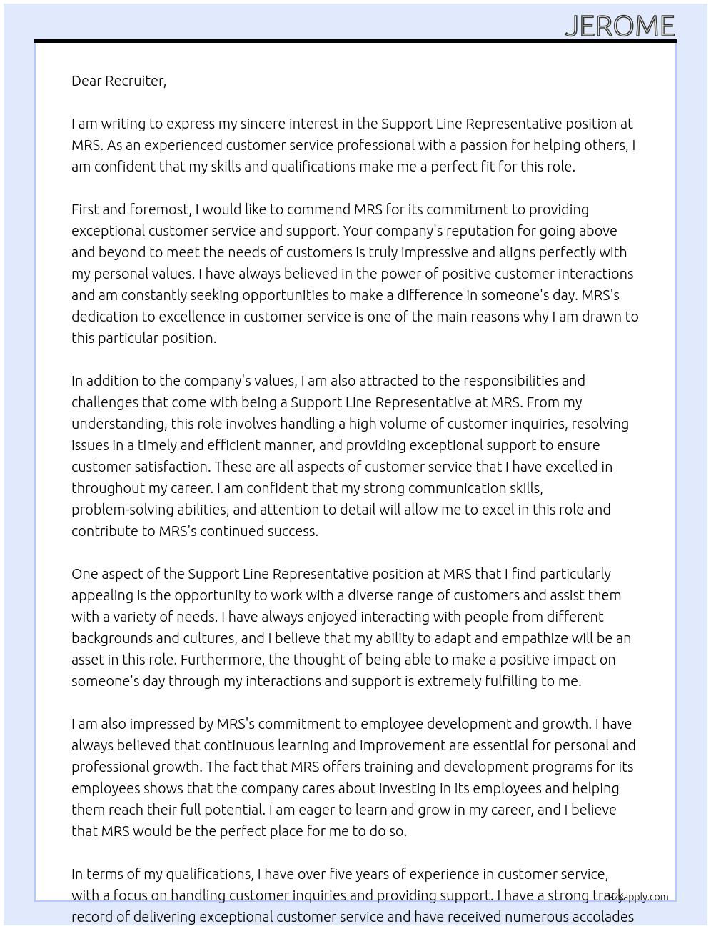 support line representative At MRS Cover Letter