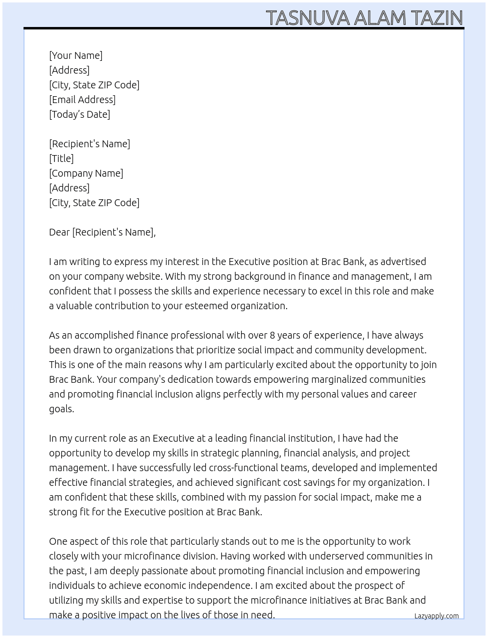 Executive At Brac Bank Cover Letter