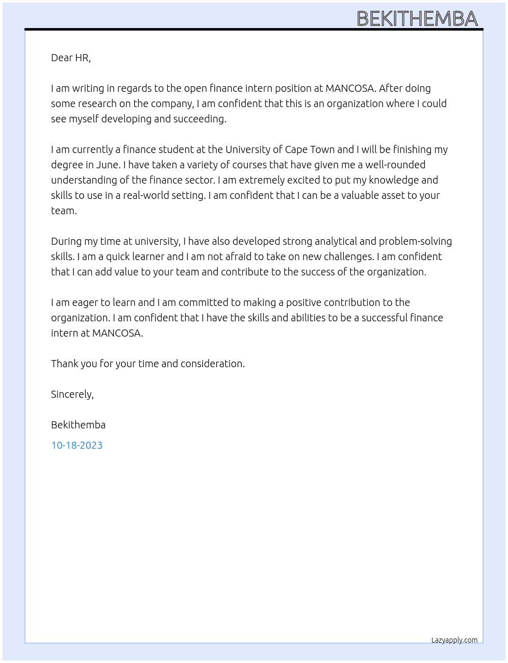 Finance intern  At MANCOSA Cover Letter