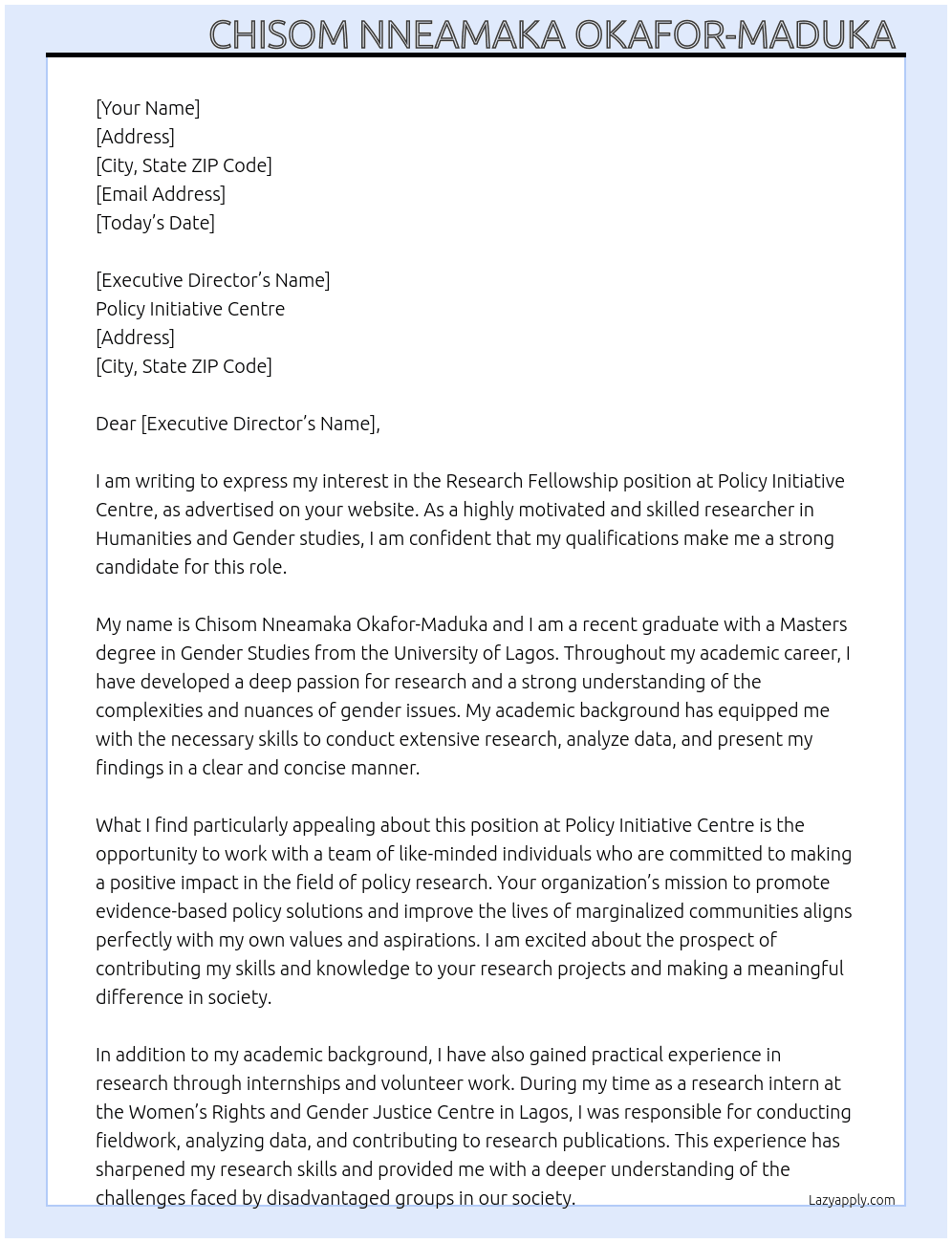 Research fellowship  At Policy Initiative Centre Cover Letter