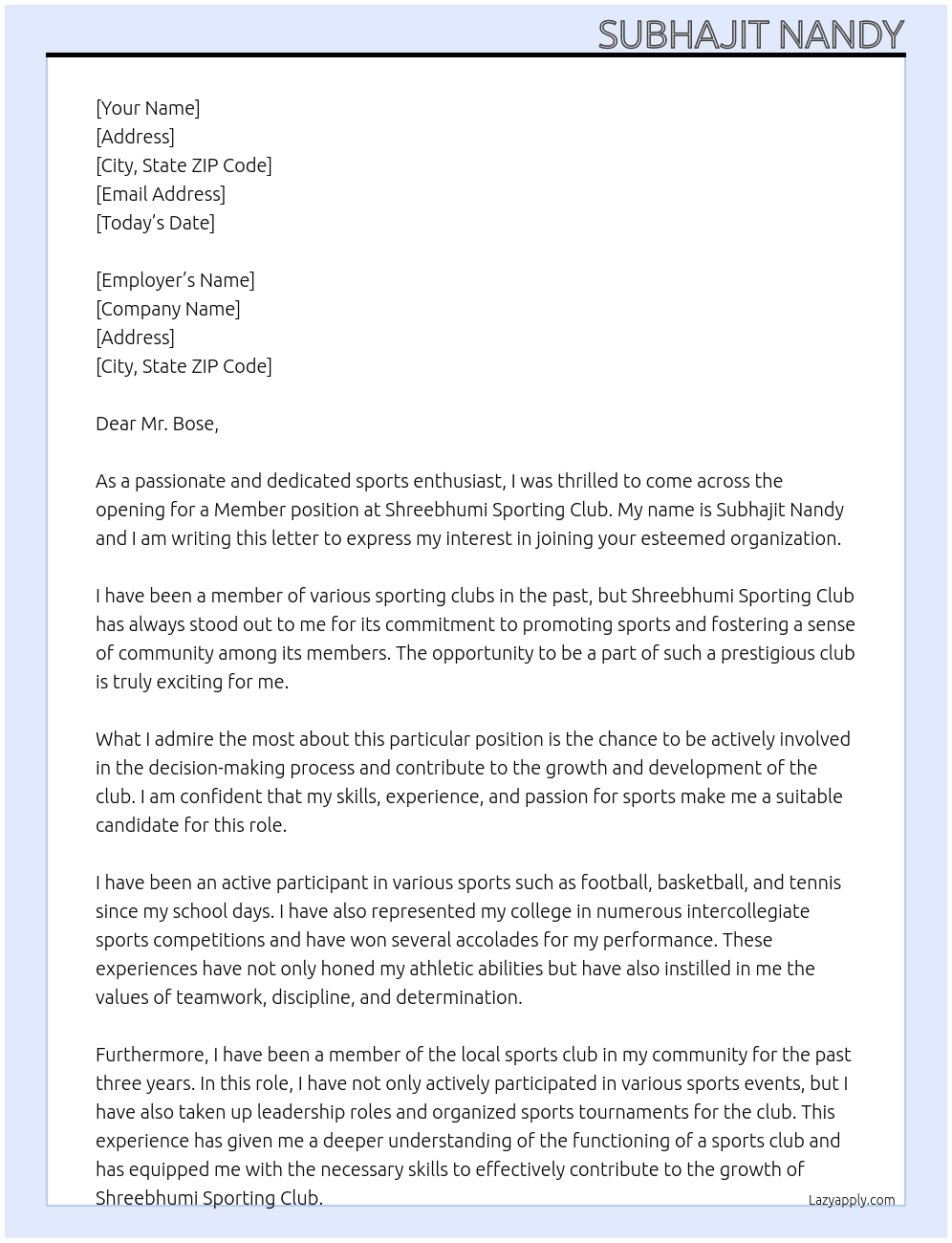 Member  At Shreebhumi Sporting Club Cover Letter